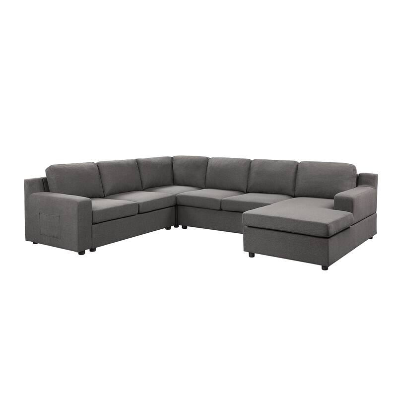 Linen 6-Seater U-Shape Sectional Sofa Chaise and Pocket in Gray - Right Facing - Gray
