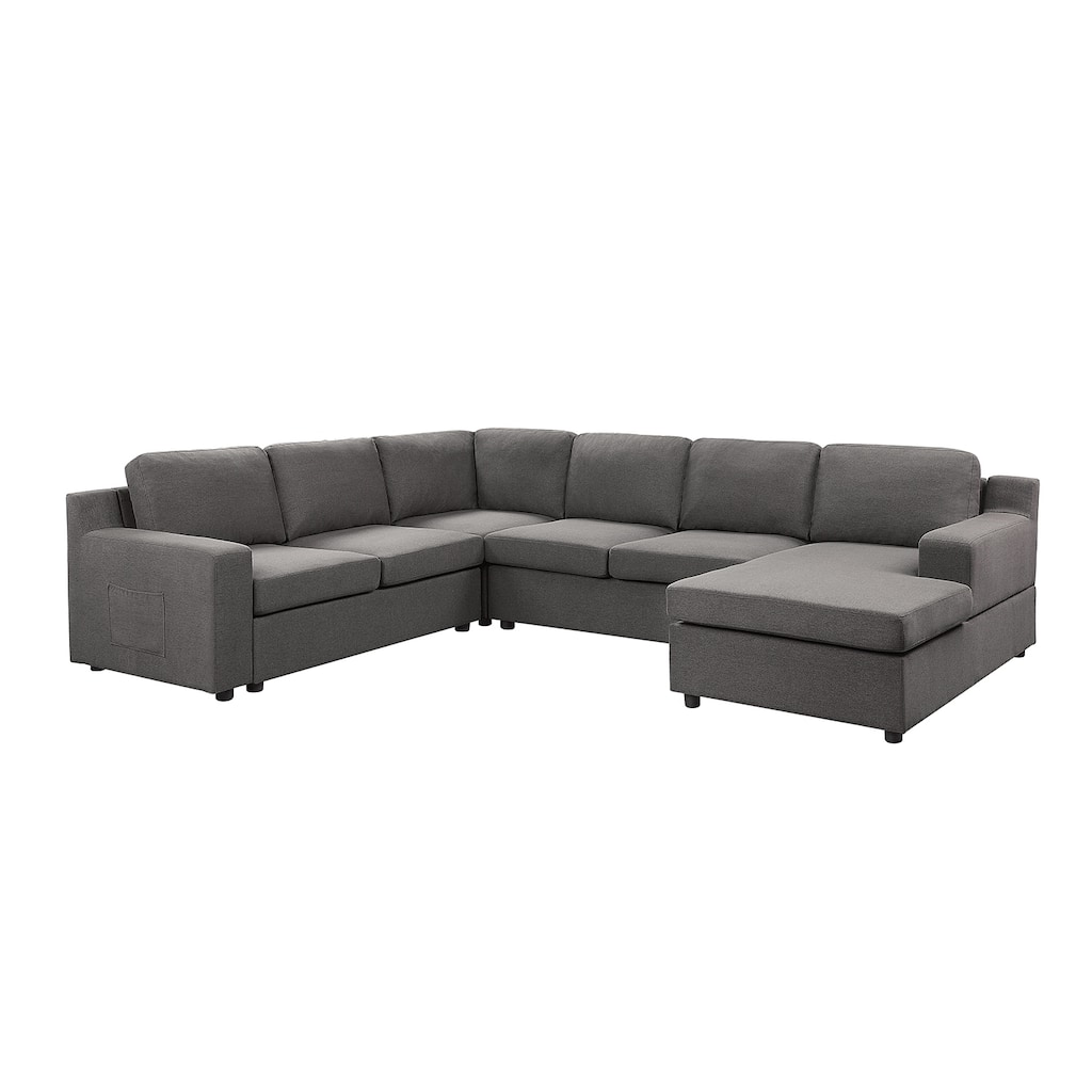 Linen 6-Seater U-Shape Sectional Sofa Chaise and Pocket in Gray