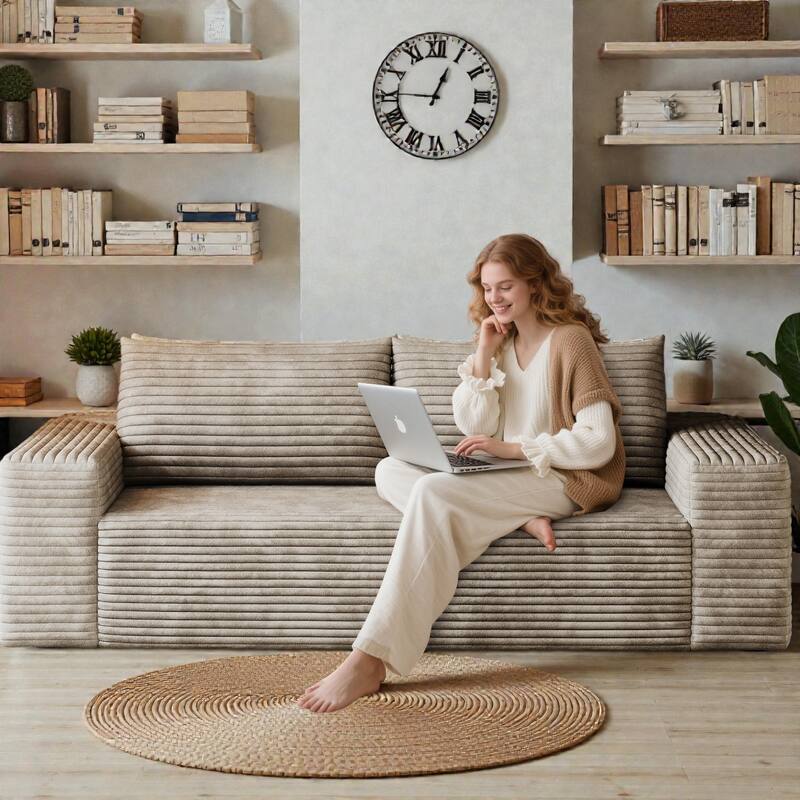 71" Corduroy 3-Seater Sofa, Deep Seat Comfy Couch with Wide Armrests, No-Assembly Soft Fabric Sofa for Living Room