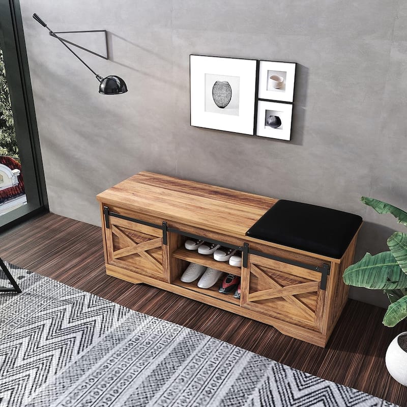 47" Farmhouse Shoe Bench with Padded Cushion, 2-Tier Shoe Storage Cabinet for Entryway - 47.24'x 15.35'x 17.72'