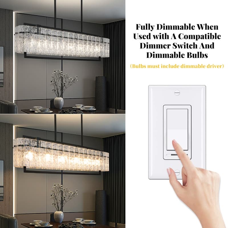 6 lights Rectangle Black Crystal Chandeliers for Dining Room, 39" Large Linear Water Ripple Glass Island Light Fixture