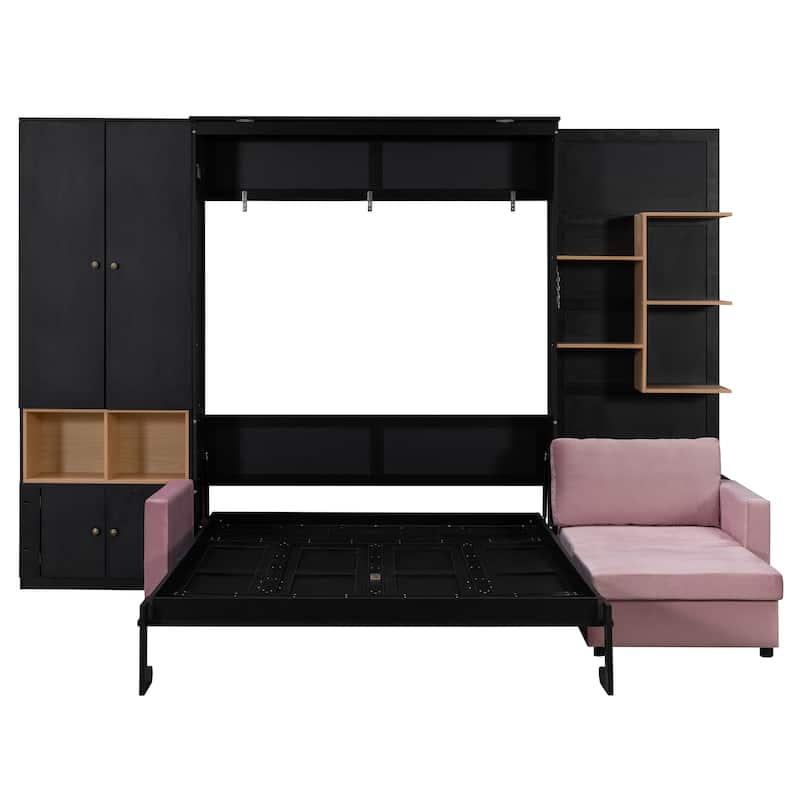 Queen Murphy Bed with Sofa and Cabinets Space Saving Sofa Wall Bed with Open Shelves and Dual Lights for Living Room Guest Room