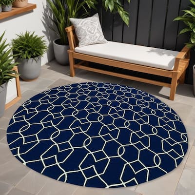 Jana Sleek Geometric Weather Resistant Heritage-Inspired Hand-Woven Round Outdoor Rug - 7' Round