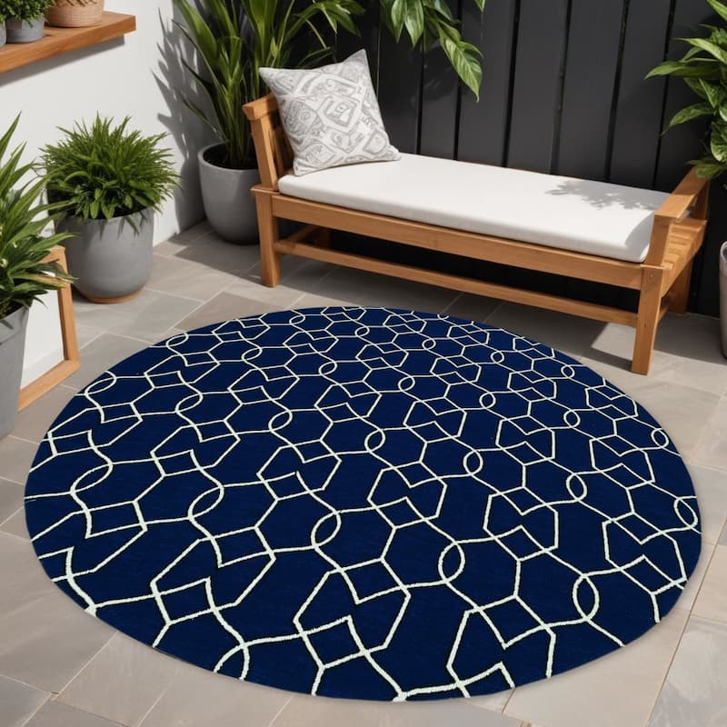 Jana Sleek Geometric Weather Resistant Heritage-Inspired Hand-Woven Round Outdoor Rug - 7' Round - 7' Round - Multi