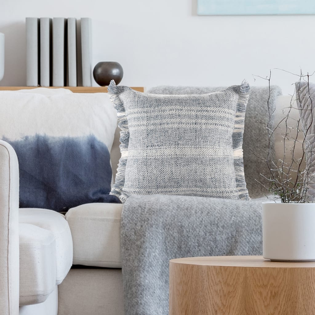 Sevita Hand-Woven Denim Blue/Ivory Striped Polyester Indoor/Outdoor Throw Pillow