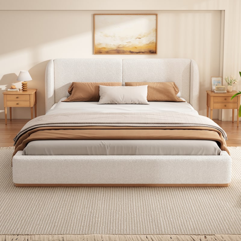 Christopher Knight Home - Aurelius Boucle Upholstered Bed Frame with Solid Rubberwood Base and Wingback Headboard
