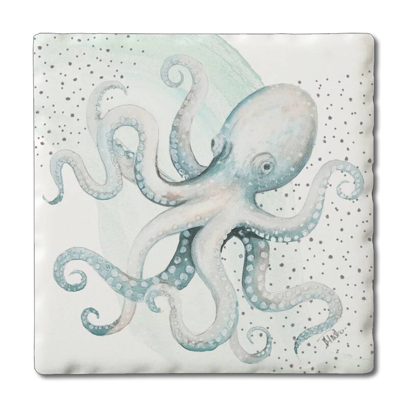 Octopus 4 Pack Absorbent Stone Coasters with Cork Backing 4" Square Made in The USA Absorbent Wipes Clean - Multi
