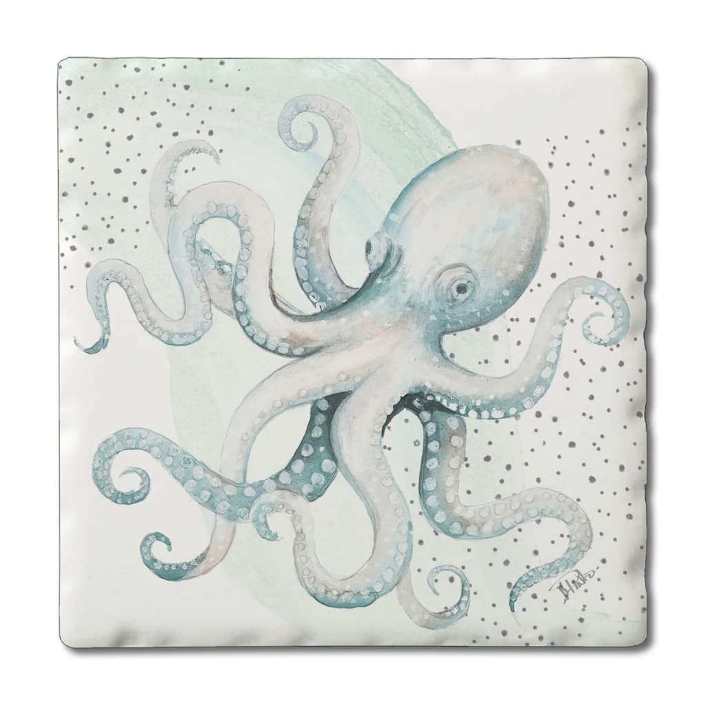 Octopus 4 Pack Absorbent Stone Coasters with Cork Backing 4" Square Made in The USA Absorbent Wipes Clean
