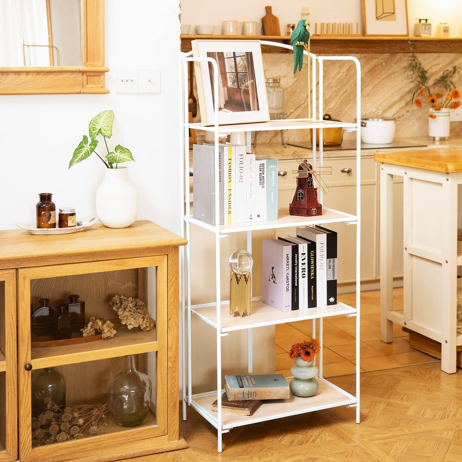 No Assembly Folding Bookshelf, 4 Tier White Bookshelf, Metal Book Shelf
