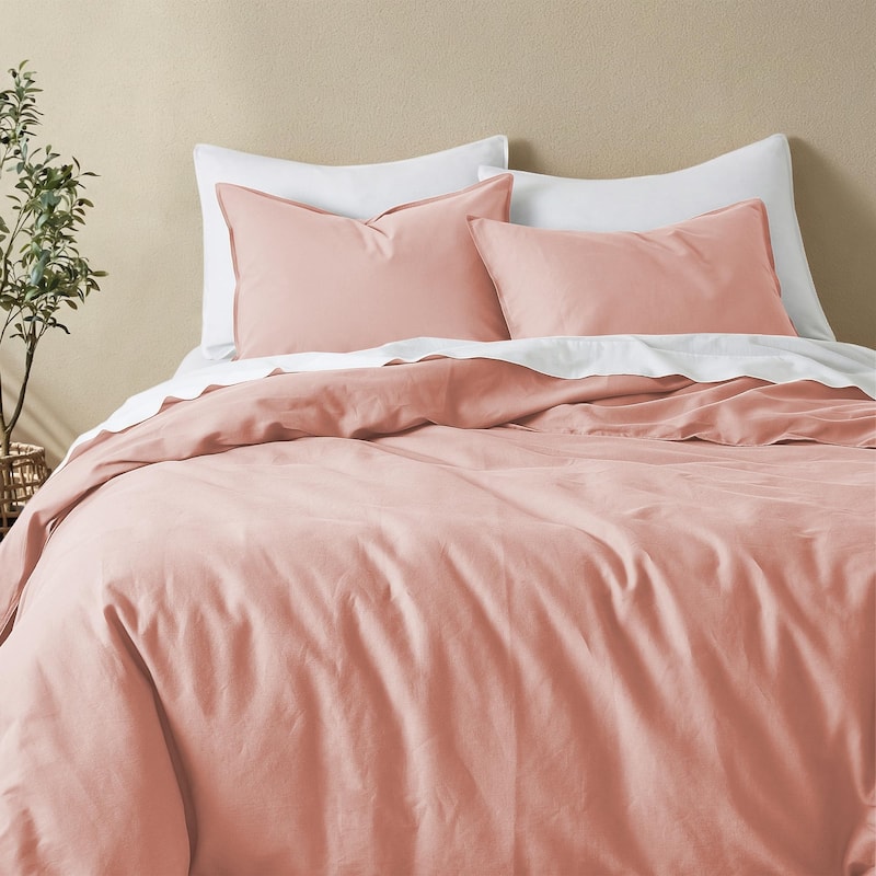 Flax Linen Cotton Blend Duvet Cover Set, Durable, and Moisture-Wicking, 3 Piece Bedding Set - Full - Queen - Pink