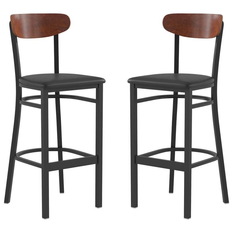 Commercial Metal Barstool with Wood Seat and Boomerang Back - Walnut Wood Back/Black Vinyl Seat