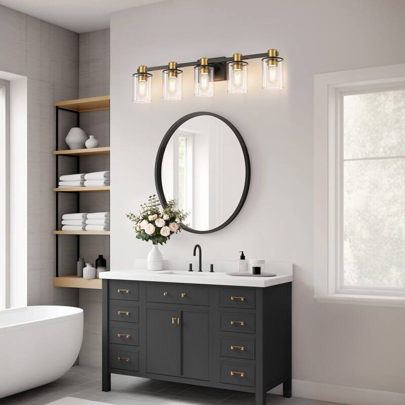 YANSUN 31.5 in. 5-Light Black and Gold Vanity Light with Round Glass Shades for Timeless Bathroom Elegance