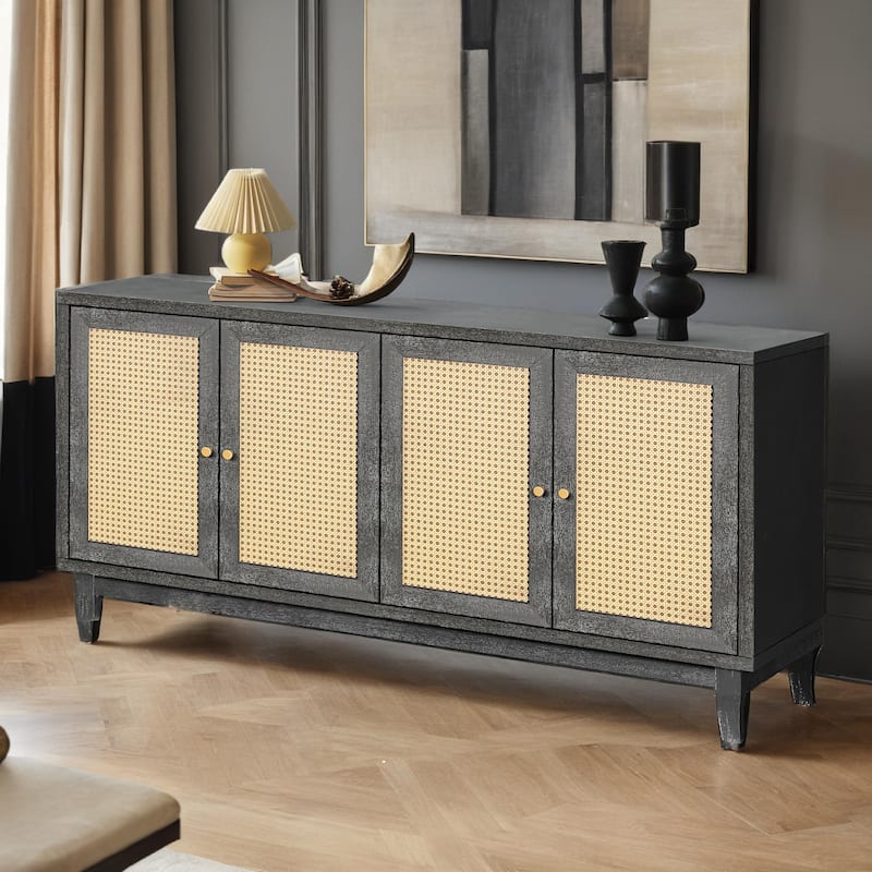 Handcrafted Premium Grain Panels,Rattan Sideboard Buffer Cabinet,Accent Storage Cabinet With 4 Rattan Doors