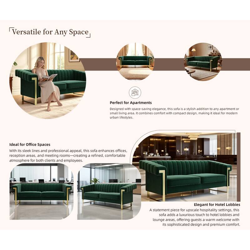 Leisure Sofa with Stainless Steel Metal Accents, Retro Green Velvet Upholstered Seat with Removable Cushions, Bedroom Loveseat