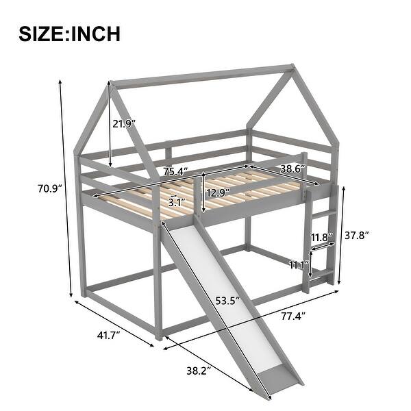 dimension image slide 0 of 2, Stylish Twin Bunk House Bed with Slide and Ladder Transform Your Childs Bedroom