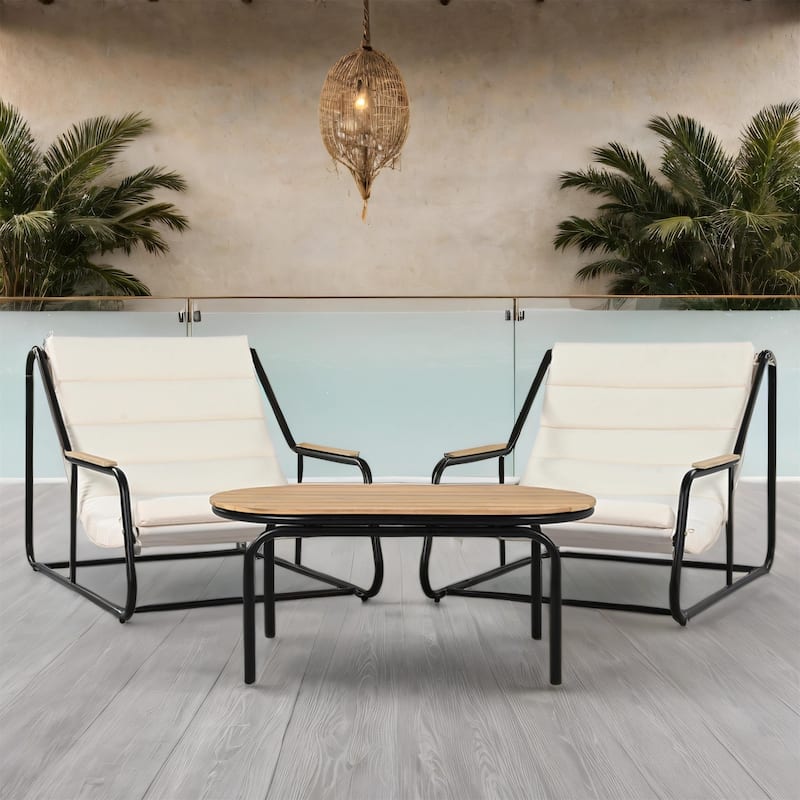 Outdoor Chaise Lounge Set w/ Acacia Side Table, Pool/Lawn/Deck, 3 Pcs