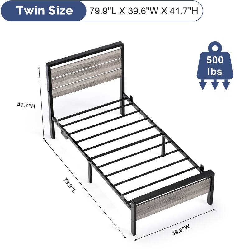 Bed Frame with LED Light and Charging Station, Metal Platform Bed with Wood Headboard