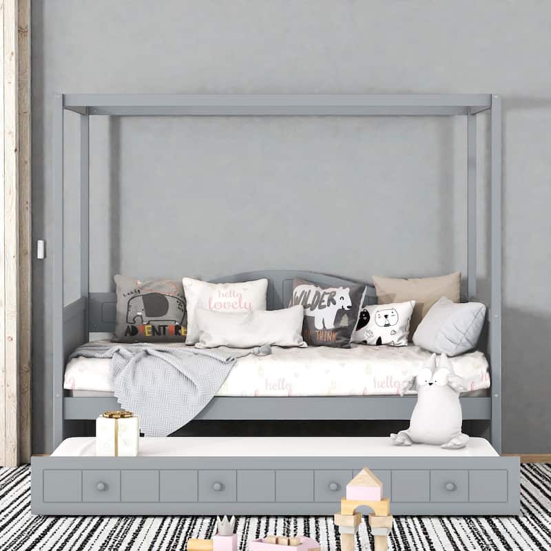 Twin Size Wooden Canopy Day Bed with Twin Trundle, Solid Pine Wood Frame with Backrest, Space Saving Design