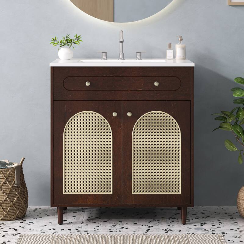 30" Bathroom Vanity with Ceramic Sink - Solid Wood Frame Cabinet with Adjustable Shelf, Tip-Drawer & Rattan Panels