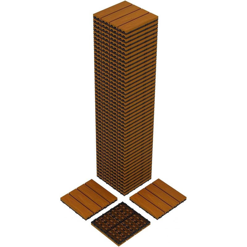 48-Pack All-Weather Plastic Wood-Grain 12"X12" Composite Interlock Deck Tiles Flooring - Brown
