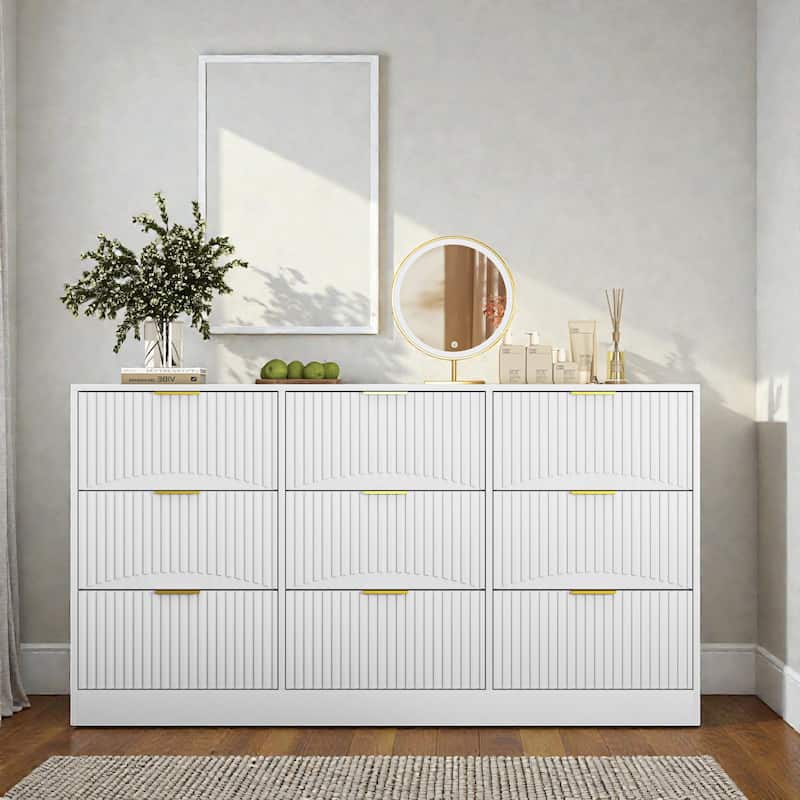 Modern 9 Drawer Dresser with Wavy Drawer Fronts, 63 Inch Wide Wooden Chest of Drawers for Bedroom Living Room - White