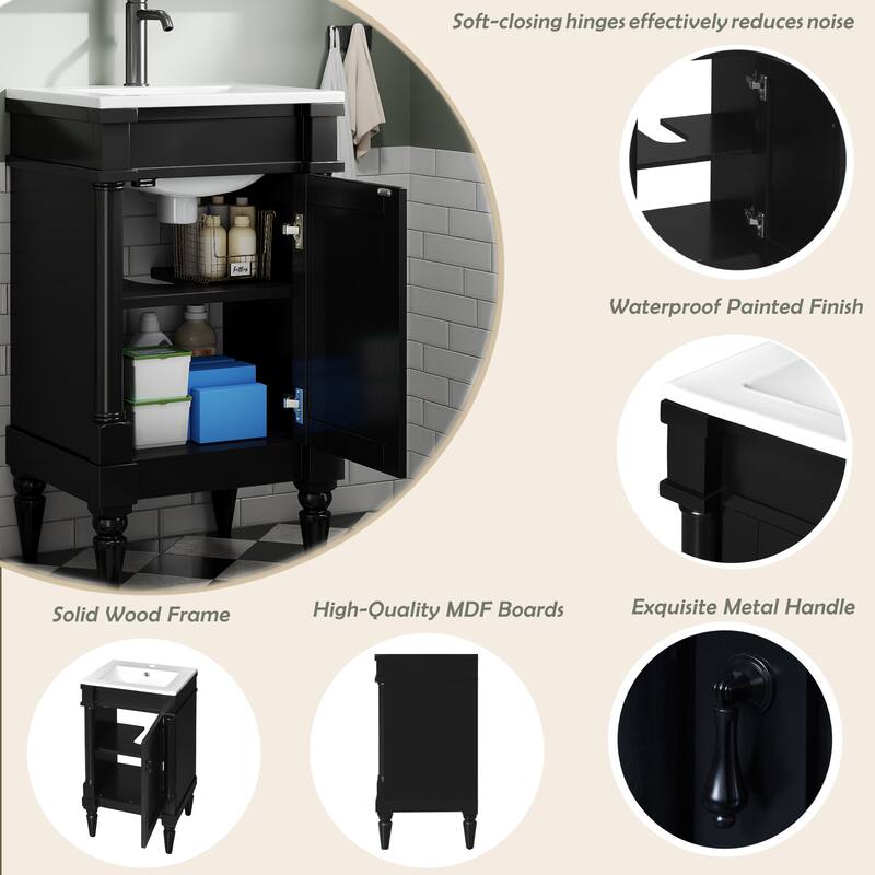 Roomfitters 18" Vanity with Sink, Freestanding Bathroom Cabinet with Door and Shelf, Small Space Storage Unit
