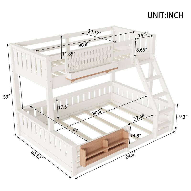 Roomfitters Bunk Bed with Bookshelf and Pegboard, Solid Wood Split Frame