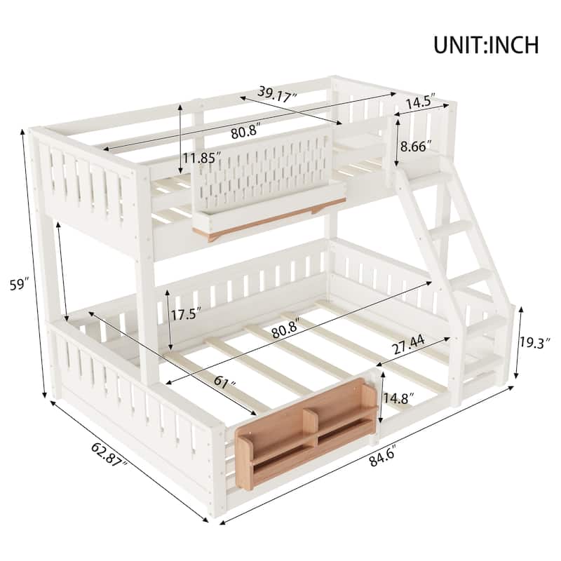 Wooden Bunk Bed of 3 Kinds Size with Pegboard, Bookshelf and Guardrails, Detachable Bunk Bed Convertible 2 Platform Beds