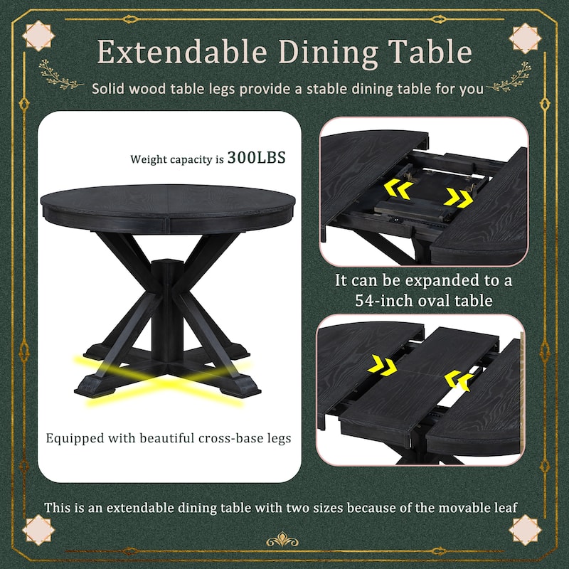 5 Pcs Wooden Round Dining Table Set, Kitchen Dining Table Chair Set with Extendable Table and 4 Upholstered Chairs
