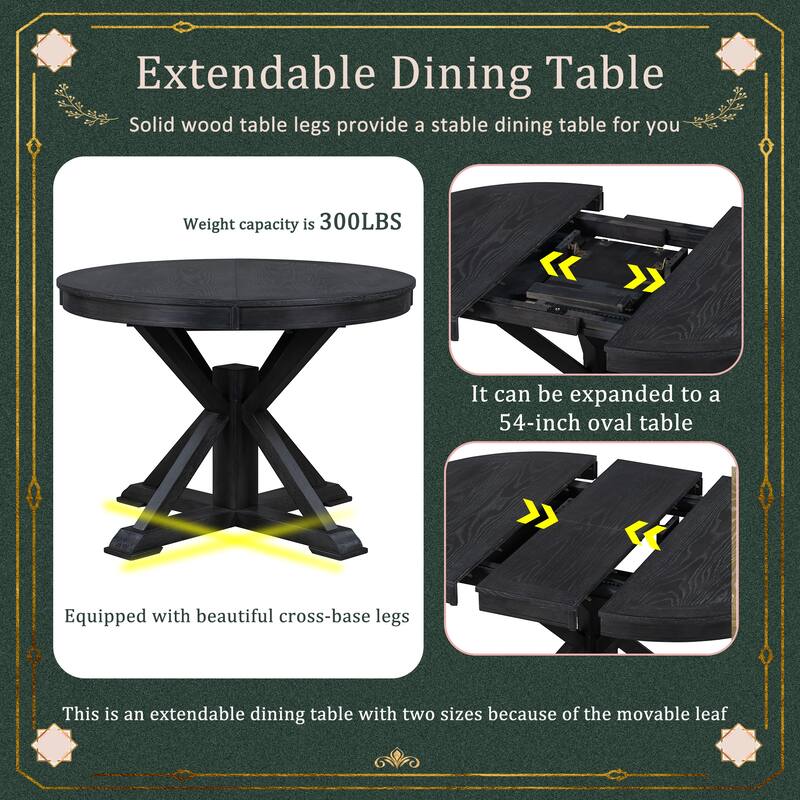 X-Cross Leg Round Dining Table Set Wooden Extendable End Table with 4 Upholstered Chairs for Dining Room & Living Room Bistro