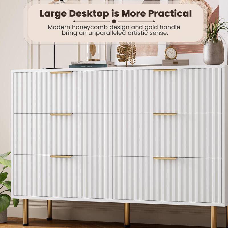 6 Drawer Fluted Dresser for Bedroom, Wide Modern Chest of Drawers, Long Double Dresser