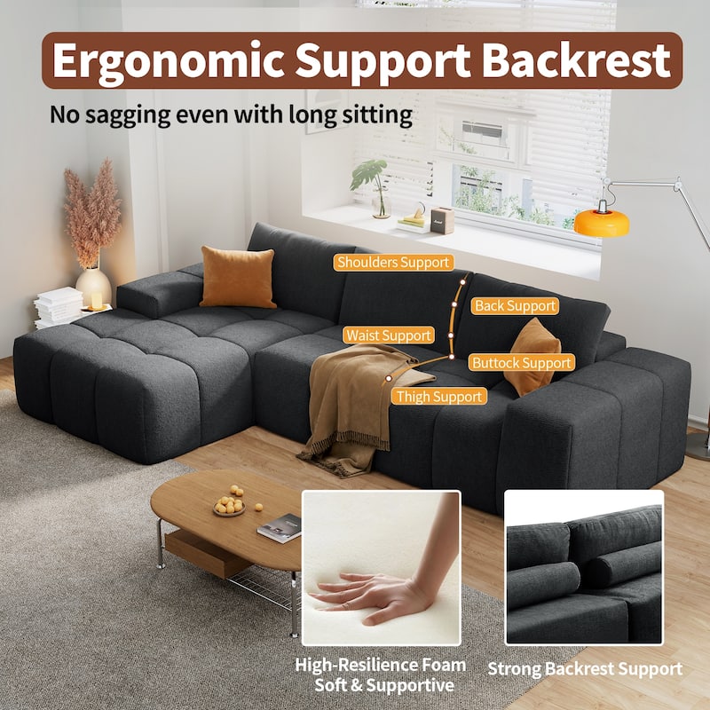 L-Shaped Modular Sectional Sofa with Chaise Lounge, Full Compression Deep Seat Sofa, Upholstered 3 Seater Sofa with 3 Pillows