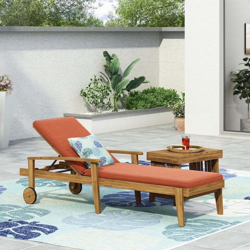 Outdoor solid wood frame chaise lounge with rollers and cushions