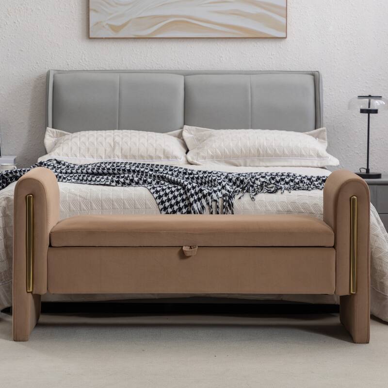 Velvet Fabric Storage Bench Bedroom Bench With Gold Metal Trim Strip For Living Room Bedroom