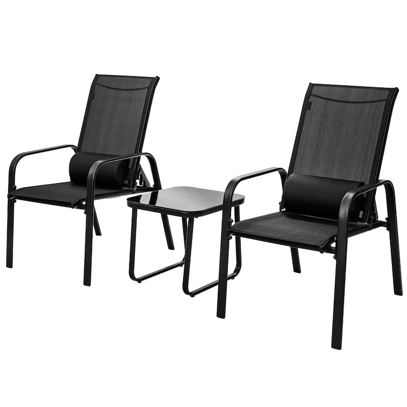 3 PCS Patio Bistro Set Stackable Patio Chairs with Glass Coffee Table - Black