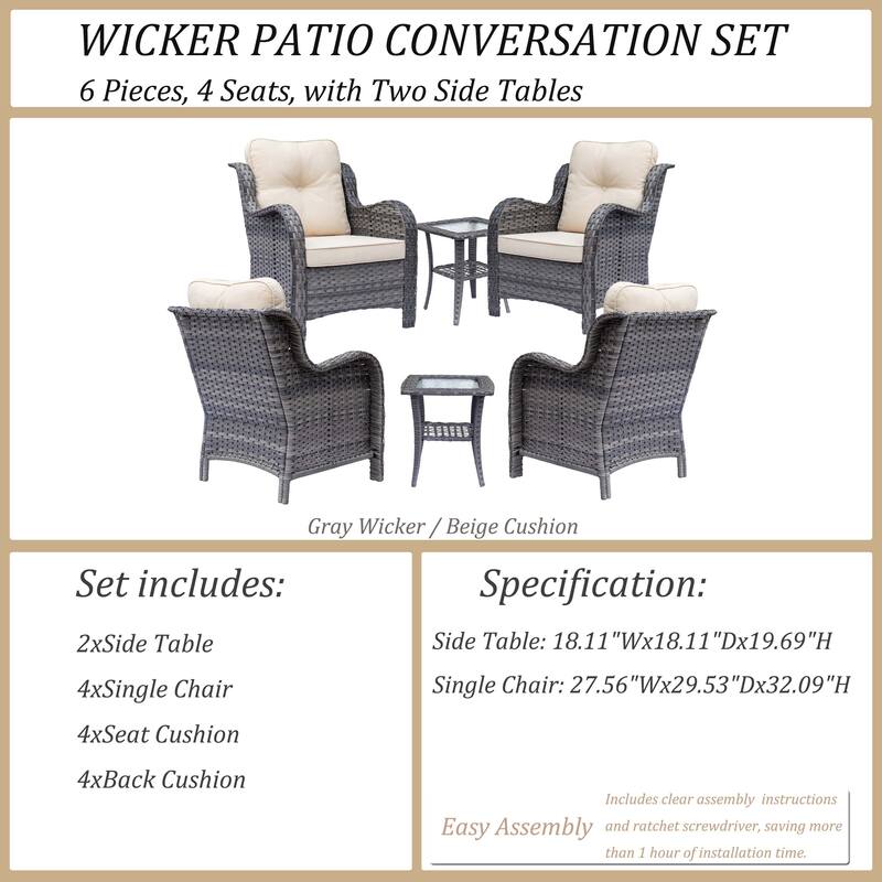 6 Piece Outdoor Wicker Rattan Patio Conversation Furniture Chairs Sets