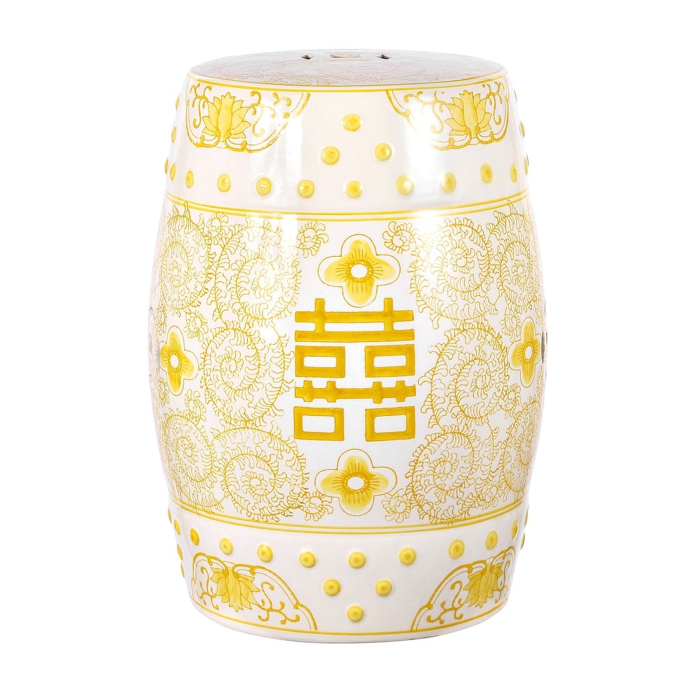 Double Happiness 18" Chinoiserie Ceramic Drum Garden Stool, Blue/White