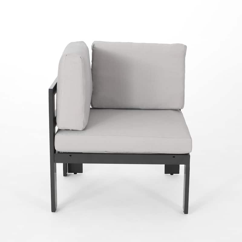 Roomfitters Outdoor Corner Sofa Chair with Cushions and Slatted Coffee Table, Gray with White Cushions