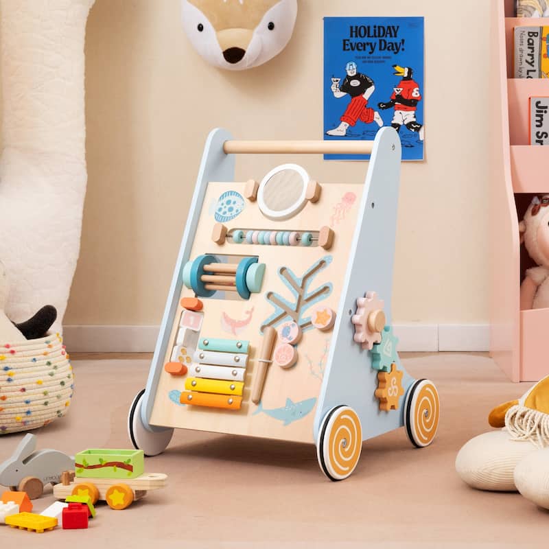Wooden Baby Walker Push and Pull Learning Activity Center with Wheels-Blue - Multi