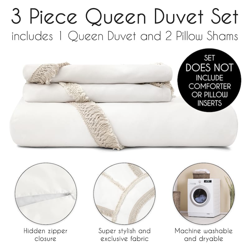 Sweet Jojo Designs Ivory Boho Chic Sun Boy Girl Unisex Queen Duvet Cover Bedding Set Cotton Bohemian Farmhouse Shabby Fringe