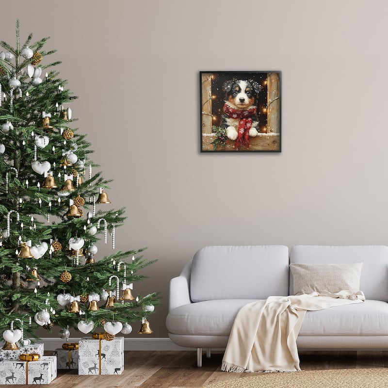 Stupell Snowy Christmas Lights Puppy Framed Giclee Art Design By Riley B