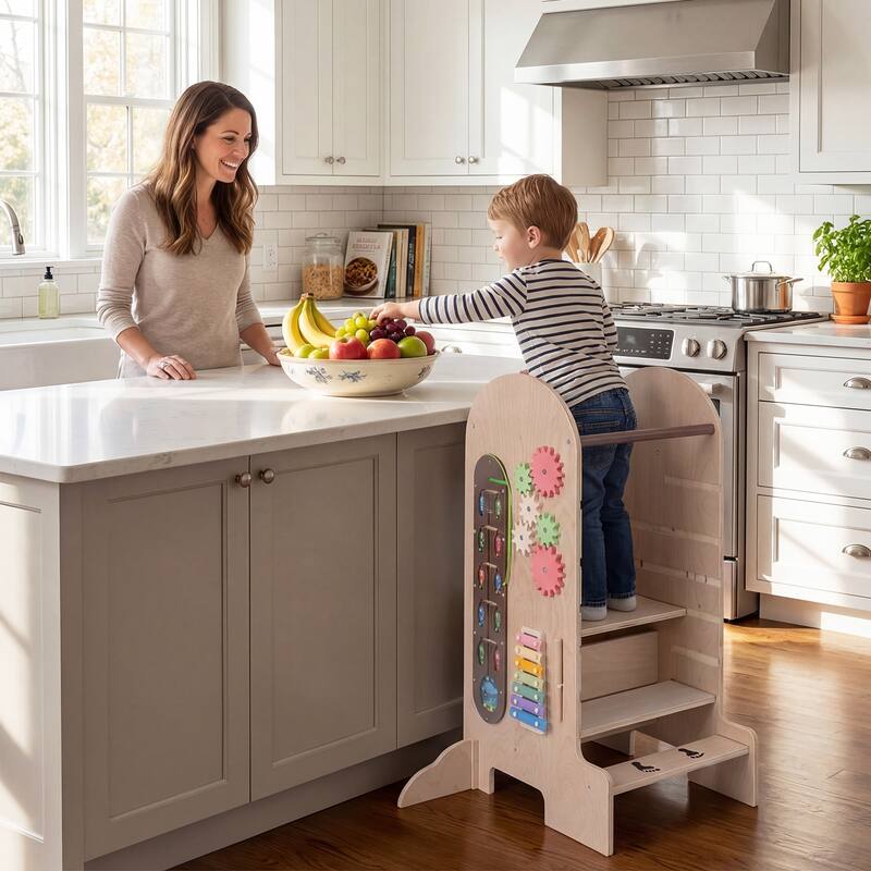 Gymax Toddler Step Stool Kids Kitchen Standing Tower w/ Adjustable - Natural