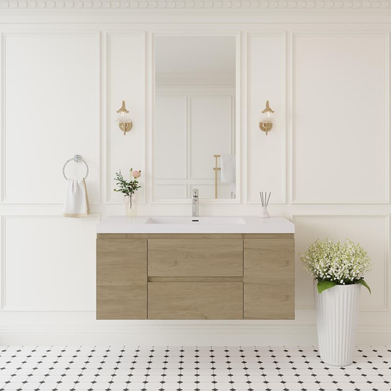 Modern Wall-Mounted Bathroom Vanity with White Solid Surface Top - Oak - 47.24'' x 19.69'' x 22.44''