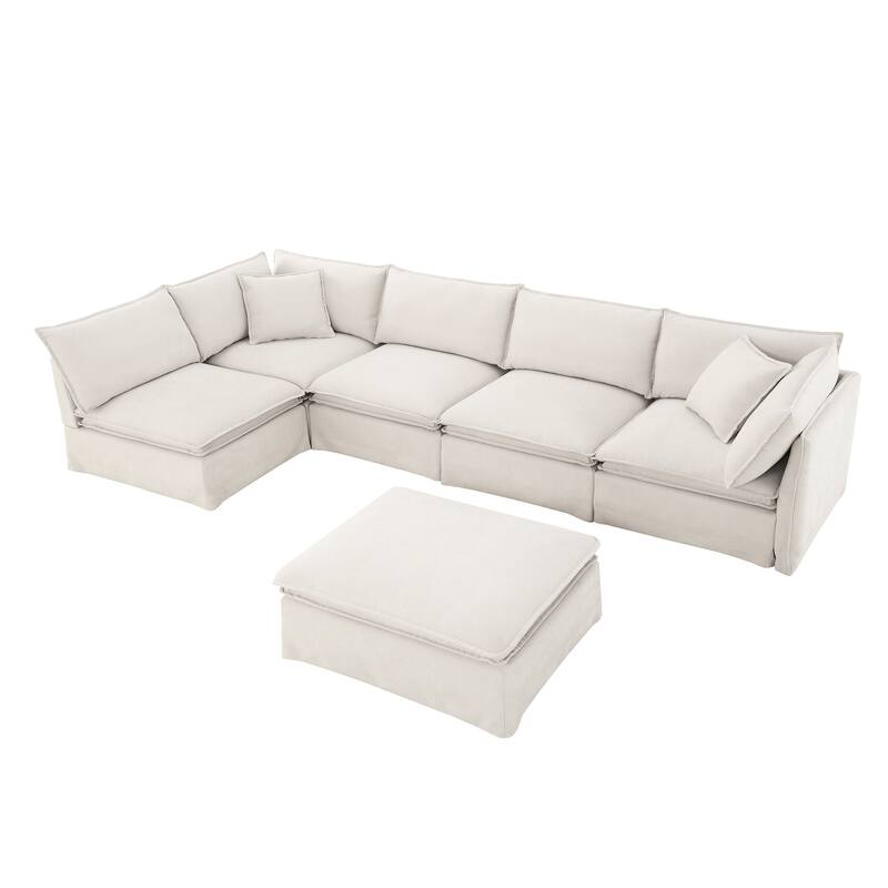 125.5" Chenille Modular 6-Seat Sectional Sofa with Movable Ottoman, Cloud Foam Cushions, and Free Combination Design