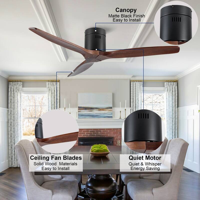 YUHAO SylvanAir Modern 52 in. Flush Mount Outdoor/Indoor Ceiling Fan with 3 Solid Wood Blades and DC Reversible Motor