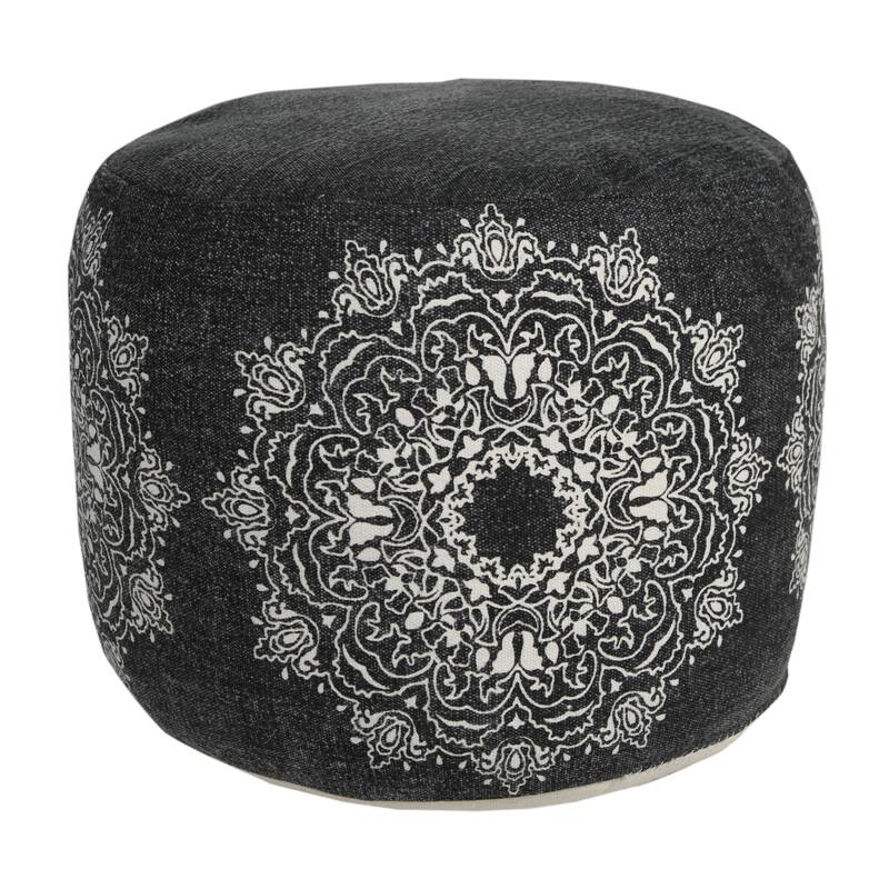 18" Black and White Mandala Medallion Round Pouf Ottoman
