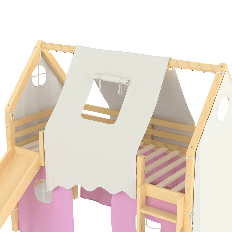 Roomfitters House Loft Bed with Slide and Tent, Solid Wood Frame with Lights