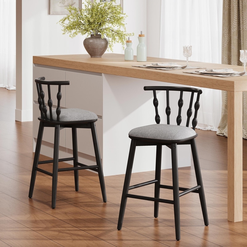Doria Indoor Wooden Bar Stools with Gray Upholstery and Black Finish, Set of 2