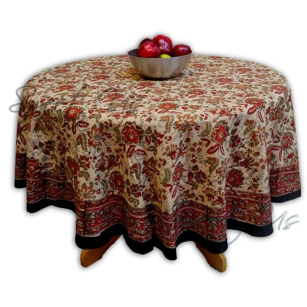 Floral Block Print Cotton Round Tablecloth Rectangle Square Beige Red Green Jaipur Autumn Table Linen. Opens flyout.