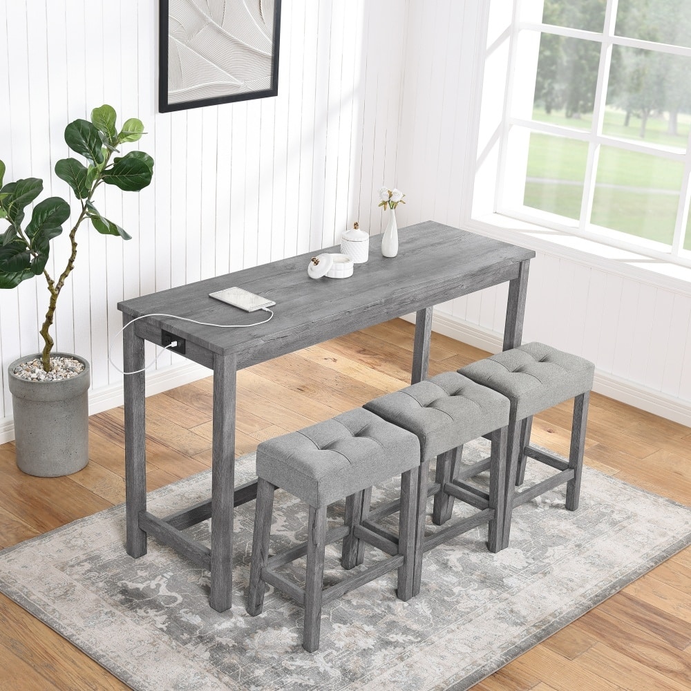 Durable 4-piece Wooden Bar Table and Chairs Set with Power Outlet